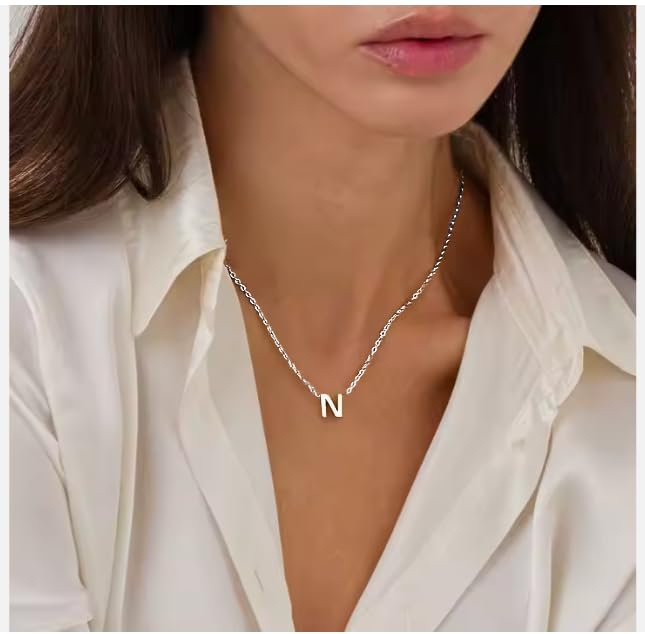 Initial Letter Necklace for Women – White Gold Plated 316L Stainless Steel, 15.5” + 2” Extender, Dainty Personalized Pendant Jewelry with Gift Box