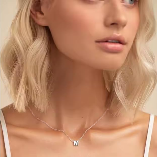 Initial Letter Necklace for Women – White Gold Plated 316L Stainless Steel, 15.5” + 2” Extender, Dainty Personalized Pendant Jewelry with Gift Box