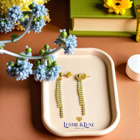 14K Solid Gold Dangle Earrings for Women – Cubic Zirconia Double Strand, 1.5" & 1" Drop, Sparkling Lightweight Stud, Elegant Gift for Her, Fine Jewelry