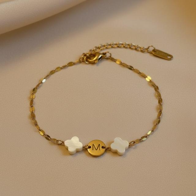 Mother of Pearl Clover Initial Bracelet, Gold Plated Stainless Steel