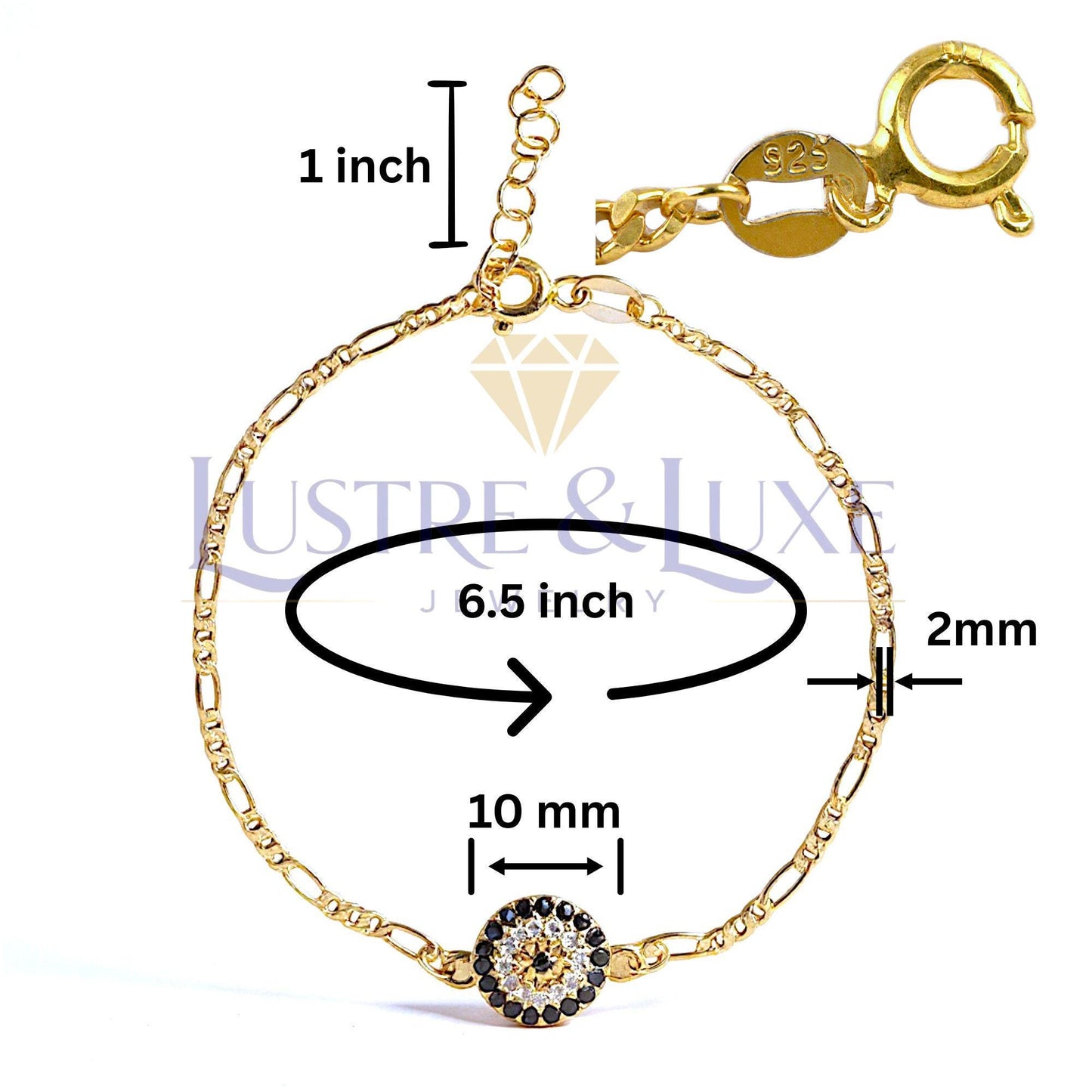 925 Sterling Silver Evil Eye Bracelet, Gold Vermeil Figaro Chain, Protection Gift for Her