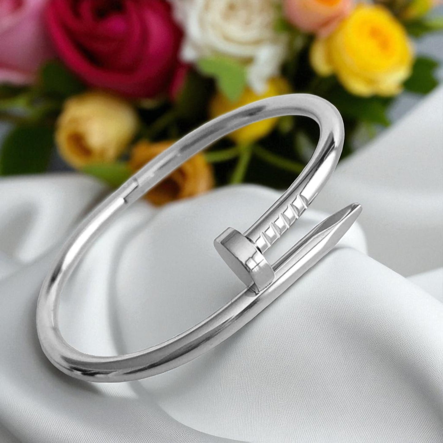 Nail Bangle Bracelet – 18K White Gold Plated, 316L Stainless Steel, Modern Minimalist Jewelry for Women