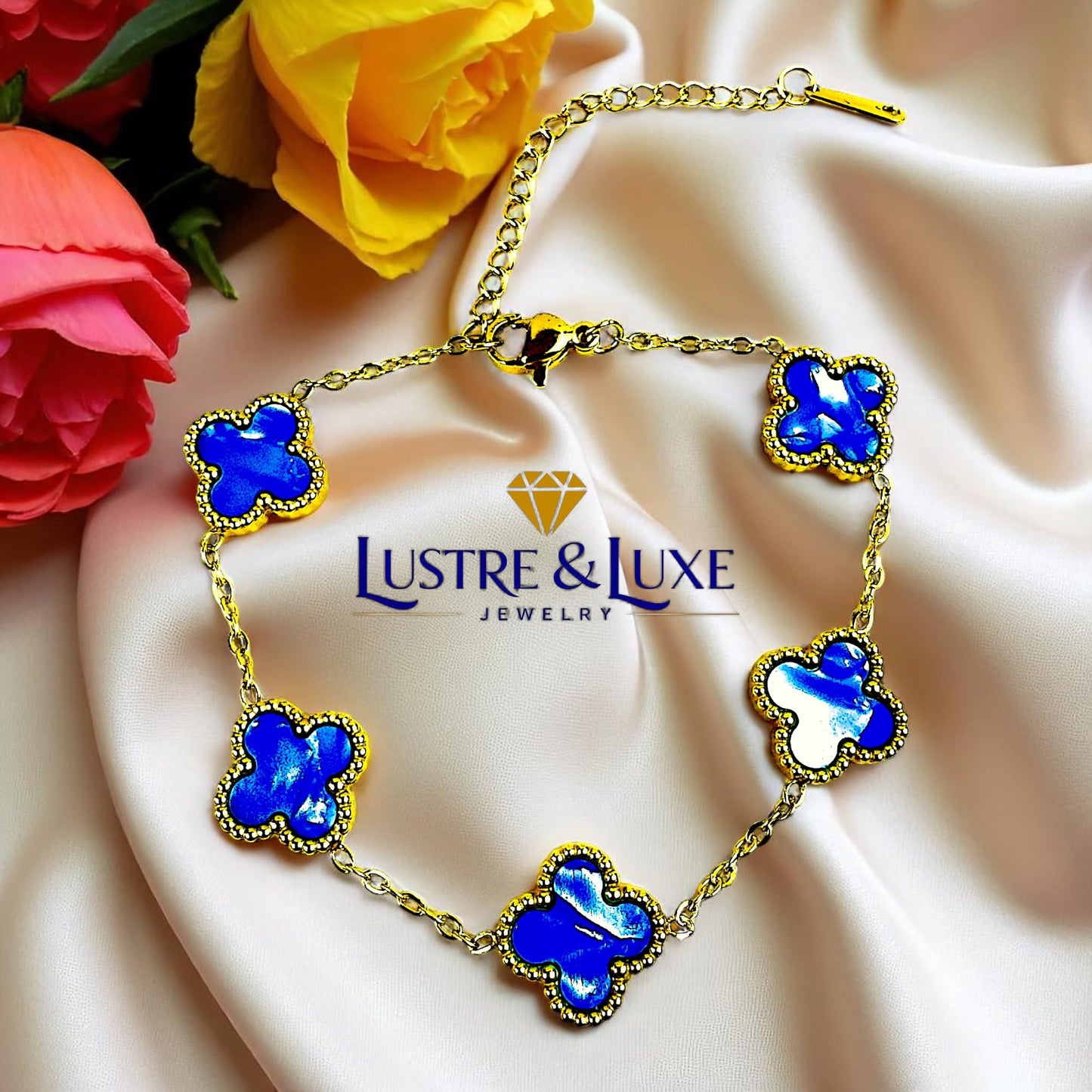 Four Leaf Lucky Clover Bracelet for Women, 18K Gold Plated Stainless Steel, Double Side Unique Mother Pearl Colors, Adjustable Link, Free Valentines Gift Box, Great Gift For Her.