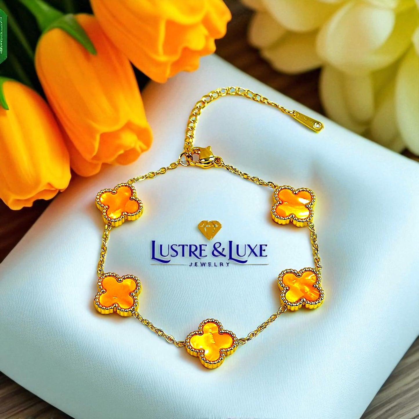 Four Leaf Clover Bracelet for Women – 18K Gold Plated 316L Stainless Steel, Double-Sided Mother of Pearl, Adjustable Lucky Charm Link Bracelet, Elegant Jewelry Gift for Her, Comes with gift Box.