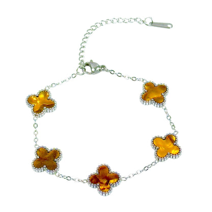 Four Leaf Clover Bracelet for Women – White Gold Plated 316L Stainless Steel, Double-Sided Mother of Pearl, Adjustable Lucky Charm Link Bracelet, Elegant Jewelry Gift for Her, Comes with gift Box.