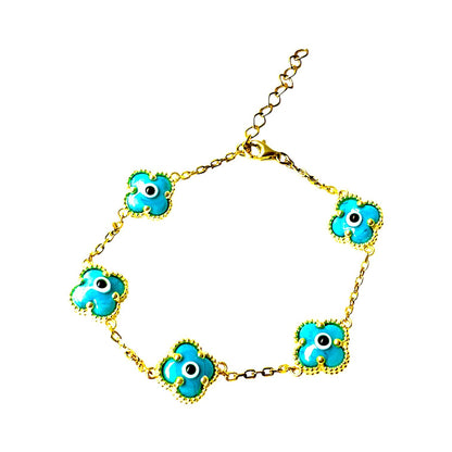 Clover Bracelet - Solid 925 Sterling Silver, 14K Vermeil Gold Plated, Evil Eye, Double Side Handcrafted Unique Glass Artwork , Adjustable Link, Comes in a Beautiful Gift Box, Perfect for Birthdays, Anniversaries, Valentine’s Day, or Mother’s Day.