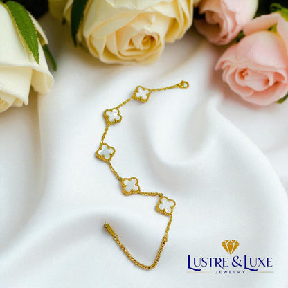 Four Leaf Clover Bracelet for Women – 18K Gold Plated 316L Stainless Steel, Double-Sided Mother of Pearl, Adjustable Lucky Charm Link Bracelet, Elegant Jewelry Gift for Her, Comes with gift Box.