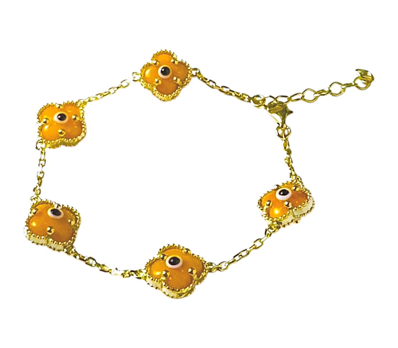 Clover Bracelet - Solid 925 Sterling Silver, 14K Vermeil Gold Plated, Evil Eye, Double Side Handcrafted Unique Glass Artwork , Adjustable Link, Comes in a Beautiful Gift Box, Perfect for Birthdays, Anniversaries, Valentine’s Day, or Mother’s Day.