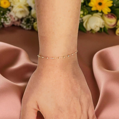 14K Solid Gold Satellite Chain Bracelet – 2mm Dainty Beaded Link Design, Minimalist Fine Jewelry for Women, Adjustable Length, Elegant Gift for Her, Comes with Gift Box