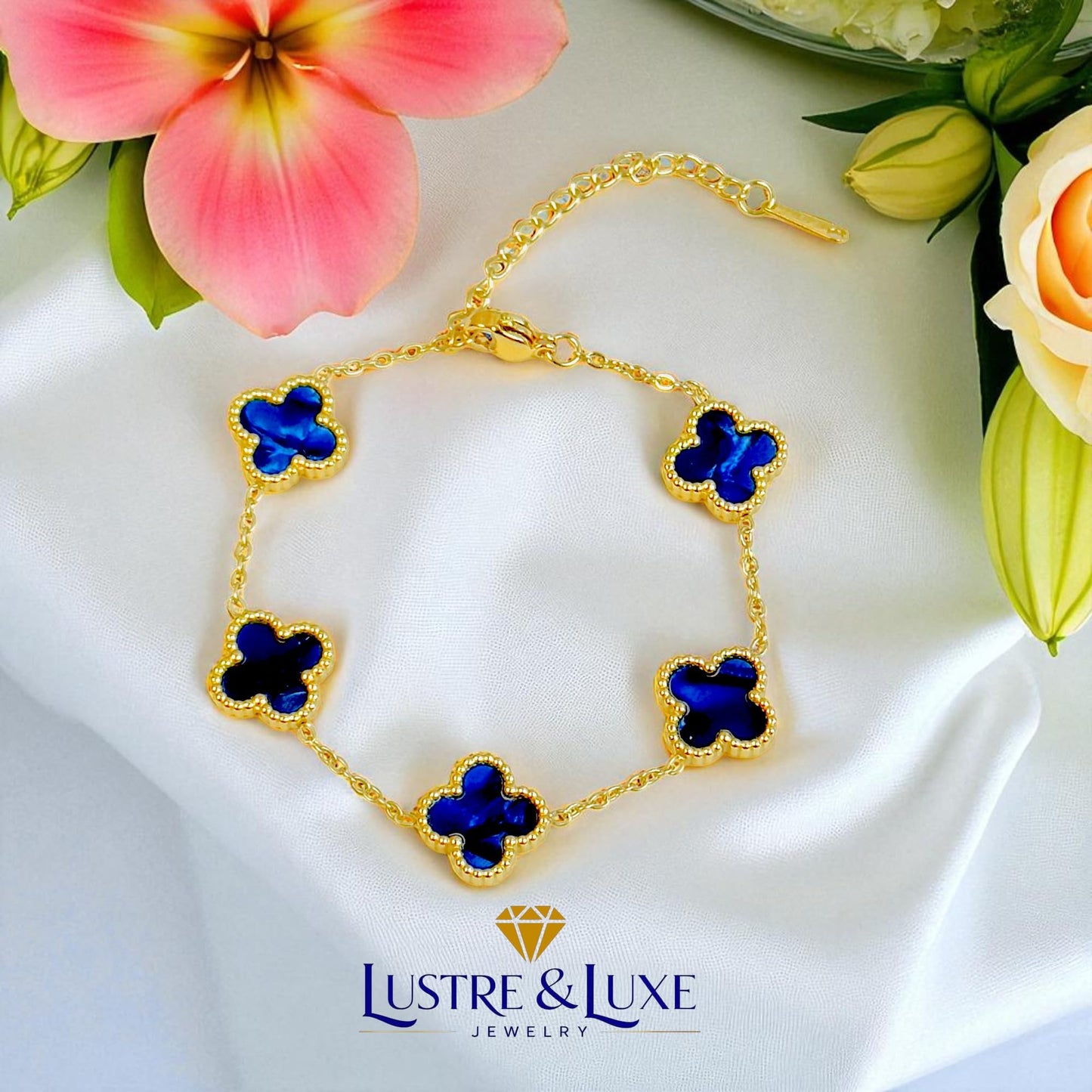 Four Leaf Clover Bracelet for Women – 18K Gold Plated 316L Stainless Steel, Double-Sided Mother of Pearl, Adjustable Lucky Charm Link Bracelet, Elegant Jewelry Gift for Her, Comes with gift Box.