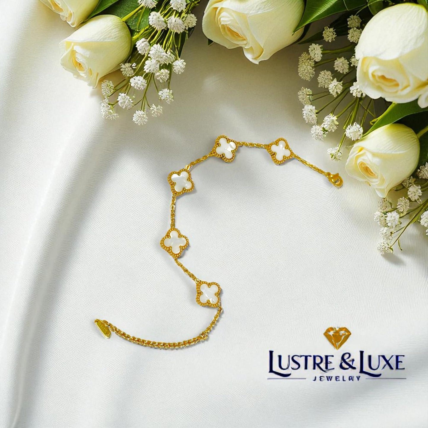 Four Leaf Clover Bracelet for Women – 18K Gold Plated 316L Stainless Steel, Double-Sided Mother of Pearl, Adjustable Lucky Charm Link Bracelet, Elegant Jewelry Gift for Her, Comes with gift Box.