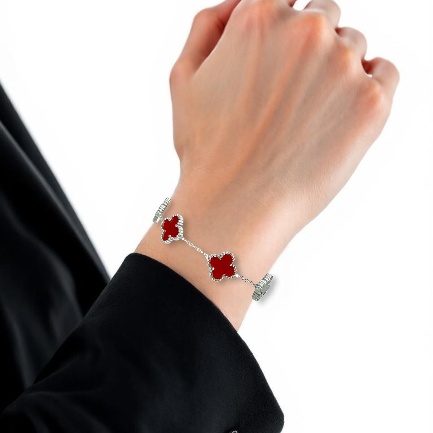 Four Leaf Clover Bracelet for Women – White Gold Plated 316L Stainless Steel, Double-Sided Mother of Pearl, Adjustable Lucky Charm Link Bracelet, Elegant Jewelry Gift for Her, Comes with gift Box.