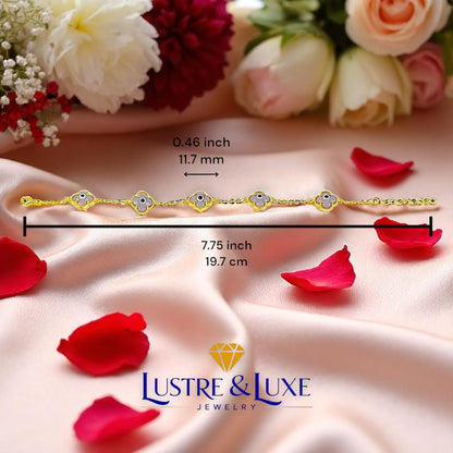 Clover Bracelet - Solid 925 Sterling Silver, 14K Vermeil Gold Plated, Evil Eye, Double Side Handcrafted Unique Glass Artwork , Adjustable Link, Comes in a Beautiful Gift Box, Perfect for Birthdays, Anniversaries, Valentine’s Day, or Mother’s Day.