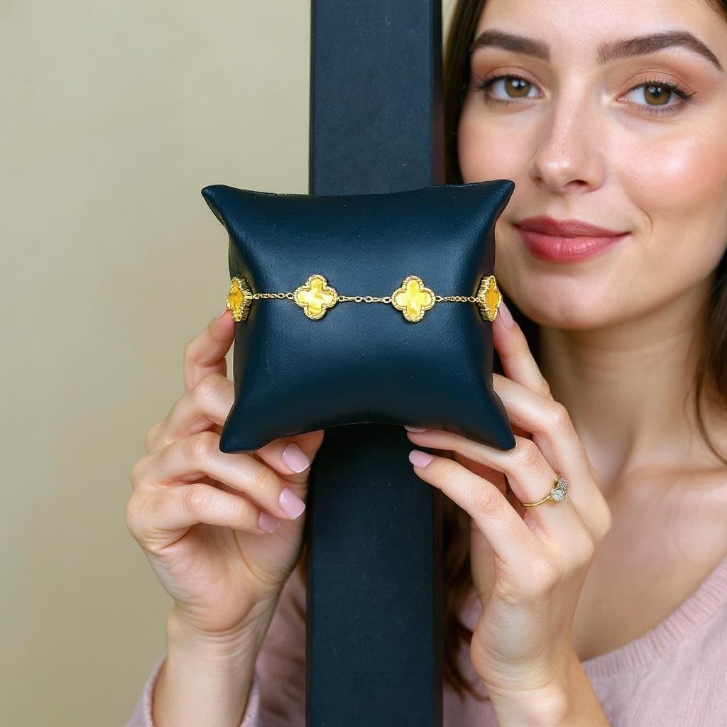 Four Leaf Lucky Clover Bracelet for Women, 18K Gold Plated Stainless Steel, Double Side Unique Mother Pearl Colors, Adjustable Link, Free Valentines Gift Box, Great Gift For Her.