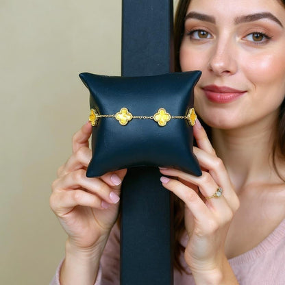 Four Leaf Lucky Clover Bracelet for Women, 18K Gold Plated Stainless Steel, Double Side Unique Mother Pearl Colors, Adjustable Link, Free Valentines Gift Box, Great Gift For Her.