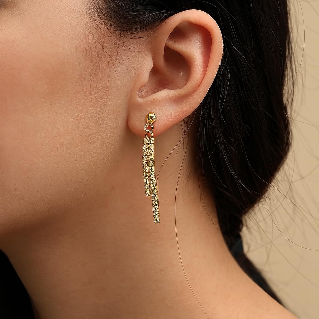 14K Solid Gold Dangle Earrings for Women – Cubic Zirconia Double Strand, 1.5" & 1" Drop, Sparkling Lightweight Stud, Elegant Gift for Her, Fine Jewelry