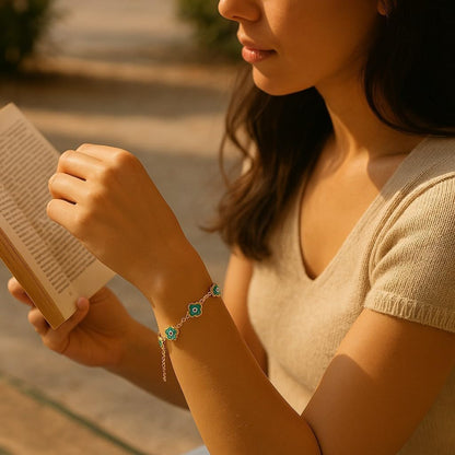 Clover Bracelet - Solid 925 Sterling Silver, 14K Vermeil Gold Plated, Evil Eye, Double Side Handcrafted Unique Glass Artwork , Adjustable Link, Comes in a Beautiful Gift Box, Perfect for Birthdays, Anniversaries, Valentine’s Day, or Mother’s Day.