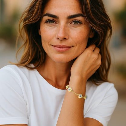 Clover Bracelet - Solid 925 Sterling Silver, 14K Vermeil Gold Plated, Evil Eye, Double Side Handcrafted Unique Glass Artwork , Adjustable Link, Comes in a Beautiful Gift Box, Perfect for Birthdays, Anniversaries, Valentine’s Day, or Mother’s Day.