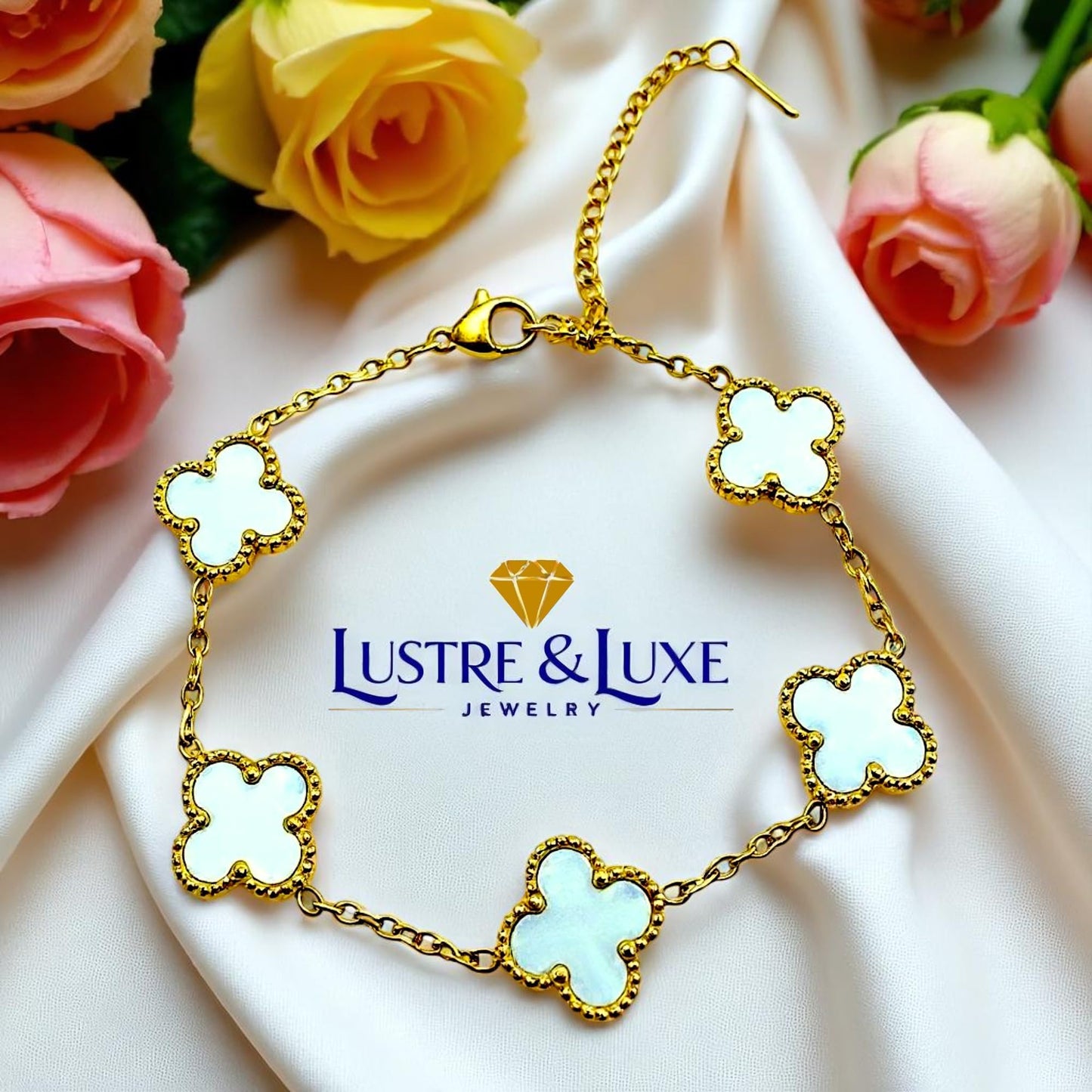 Four Leaf Lucky Clover Bracelet for Women, 18K Gold Plated Stainless Steel, Double Side Unique Mother Pearl Colors, Adjustable Link, Free Valentines Gift Box, Great Gift For Her.