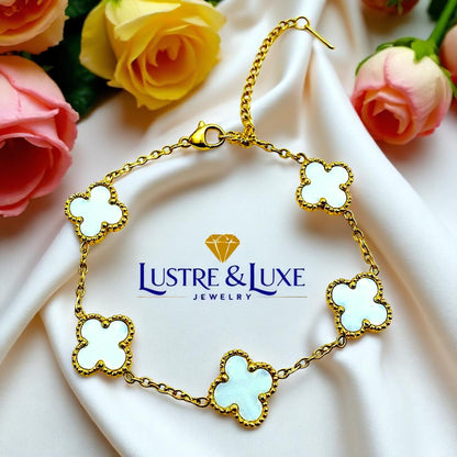 Four Leaf Lucky Clover Bracelet for Women, 18K Gold Plated Stainless Steel, Double Side Unique Mother Pearl Colors, Adjustable Link, Free Valentines Gift Box, Great Gift For Her.