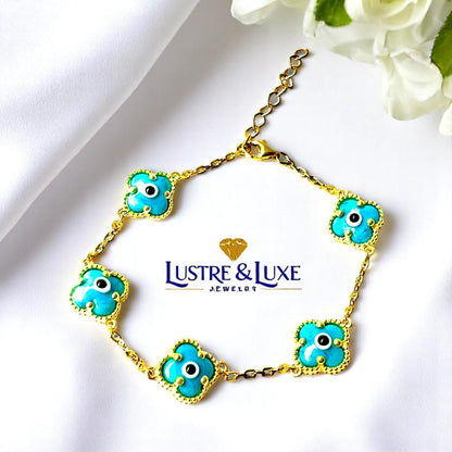 Clover Bracelet - Solid 925 Sterling Silver, 14K Vermeil Gold Plated, Evil Eye, Double Side Handcrafted Unique Glass Artwork , Adjustable Link, Comes in a Beautiful Gift Box, Perfect for Birthdays, Anniversaries, Valentine’s Day, or Mother’s Day.