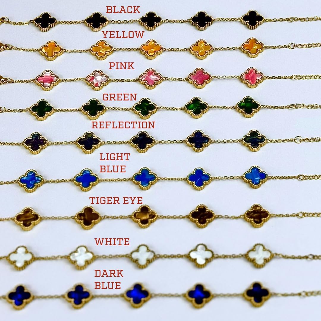 Four Leaf Lucky Clover Bracelet for Women, 18K Gold Plated Stainless Steel, Double Side Unique Mother Pearl Colors, Adjustable Link, Free Valentines Gift Box, Great Gift For Her.