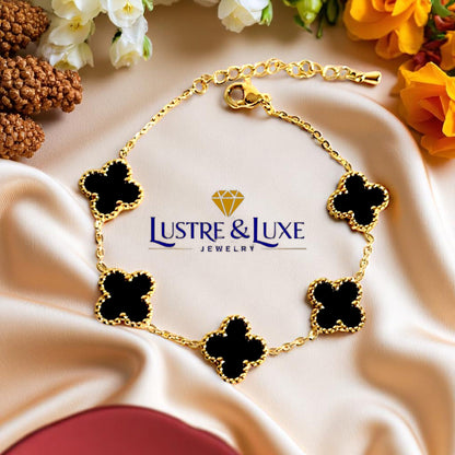 Four Leaf Lucky Clover Bracelet for Women, 18K Gold Plated Stainless Steel, Double Side Unique Mother Pearl Colors, Adjustable Link, Free Valentines Gift Box, Great Gift For Her.