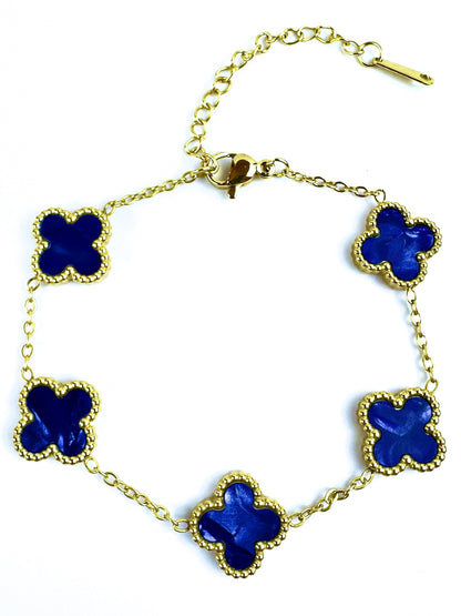 Four Leaf Lucky Clover Bracelet for Women, 18K Gold Plated Stainless Steel, Double Side Unique Mother Pearl Colors, Adjustable Link, Free Valentines Gift Box, Great Gift For Her.