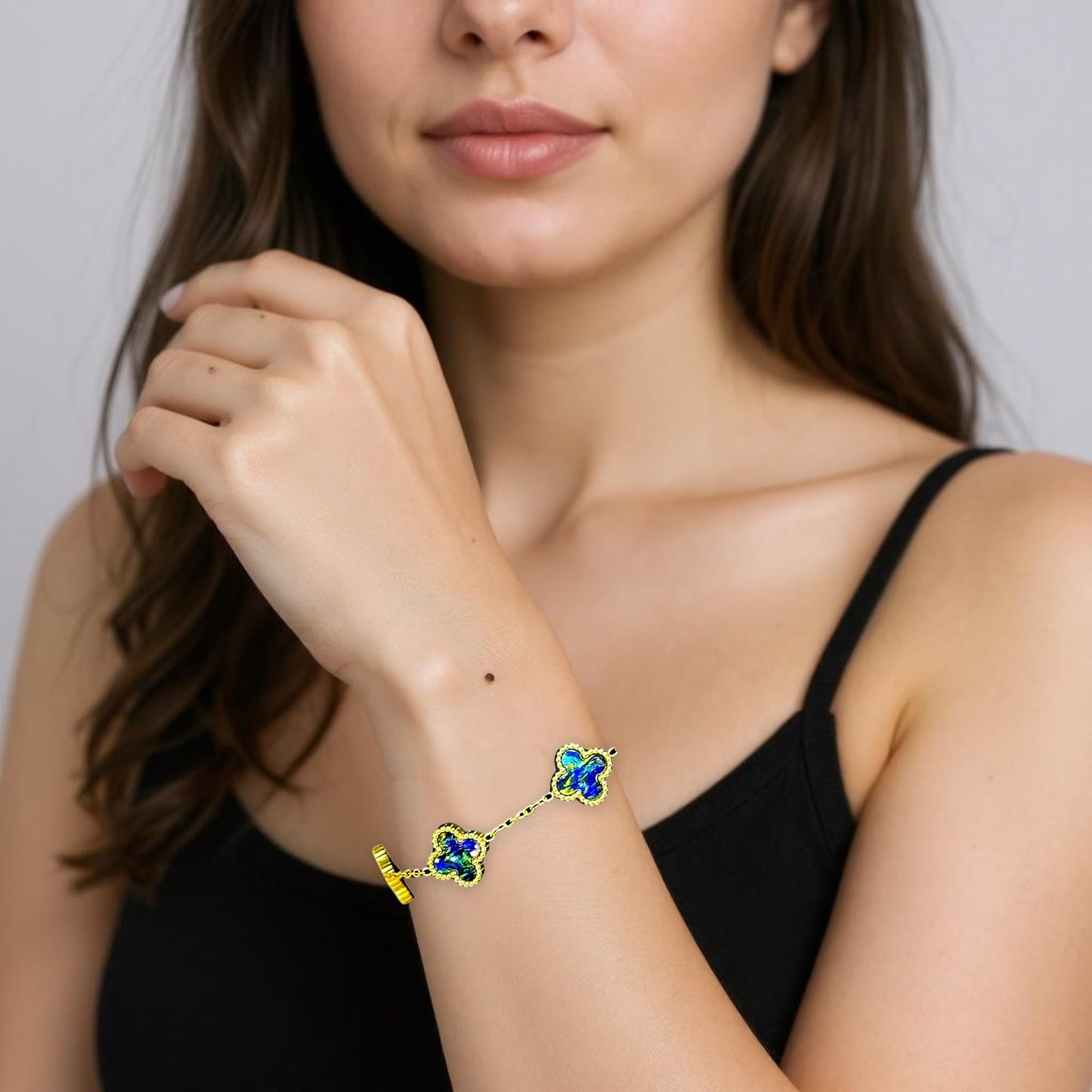 Four Leaf Lucky Clover Bracelet for Women, 18K Gold Plated Stainless Steel, Double Side Unique Mother Pearl Colors, Adjustable Link, Free Valentines Gift Box, Great Gift For Her.