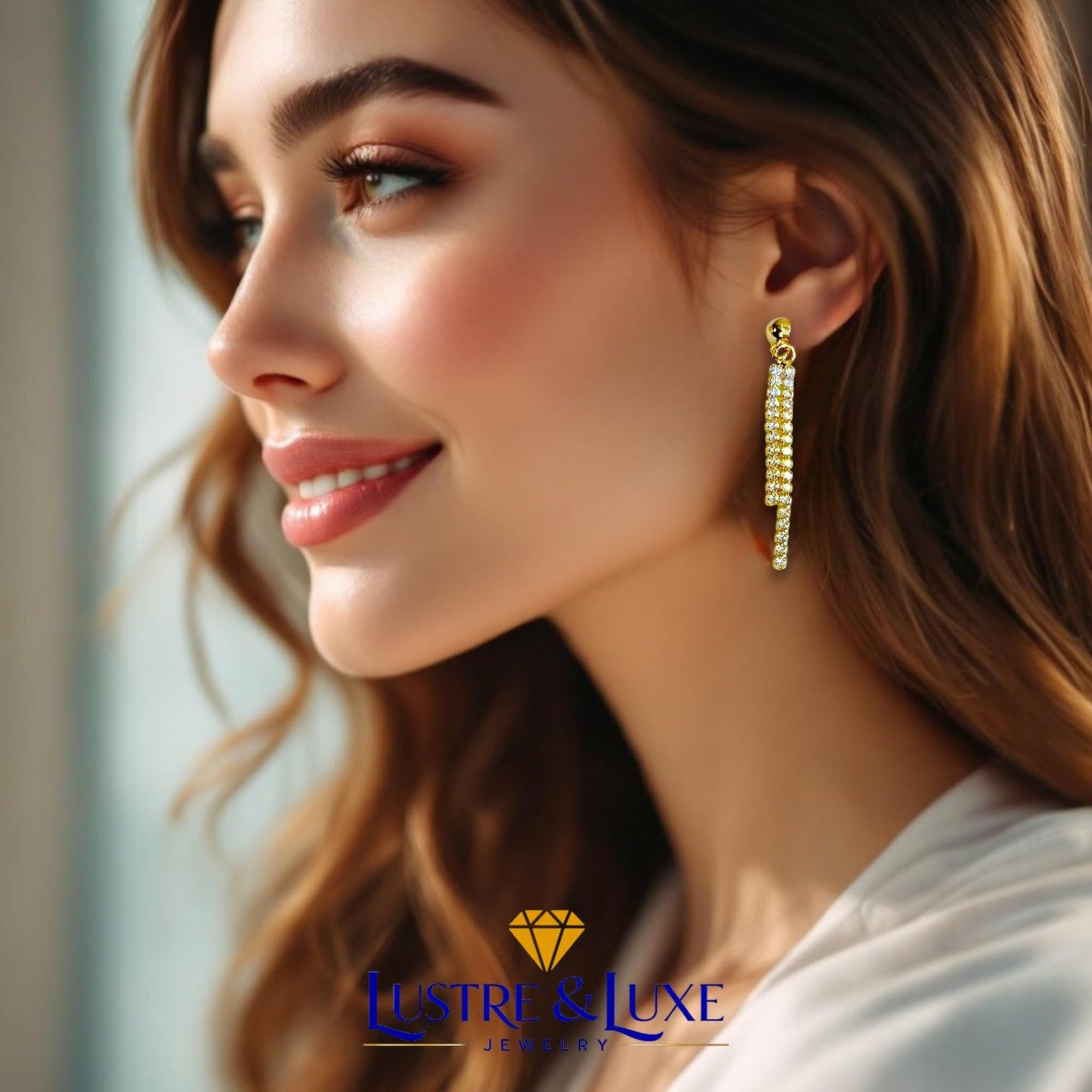 14K Solid Gold Dangle Earrings for Women – Cubic Zirconia Double Strand, 1.5" & 1" Drop, Sparkling Lightweight Stud, Elegant Gift for Her, Fine Jewelry