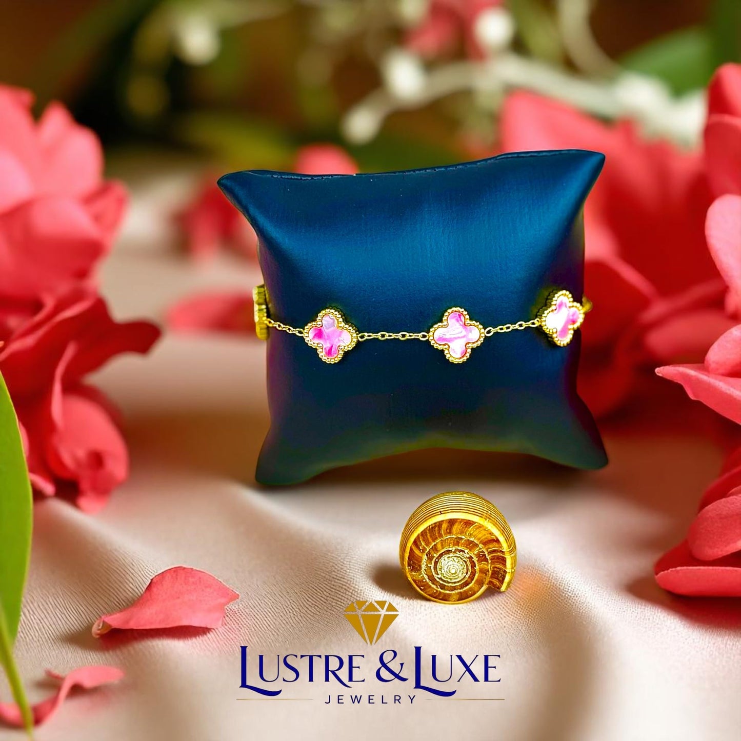 Four Leaf Lucky Clover Bracelet for Women, 18K Gold Plated Stainless Steel, Double Side Unique Mother Pearl Colors, Adjustable Link, Free Valentines Gift Box, Great Gift For Her.