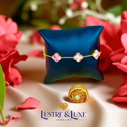 Four Leaf Lucky Clover Bracelet for Women, 18K Gold Plated Stainless Steel, Double Side Unique Mother Pearl Colors, Adjustable Link, Free Valentines Gift Box, Great Gift For Her.