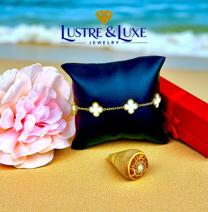 Four Leaf Lucky Clover Bracelet for Women, 18K Gold Plated Stainless Steel, Double Side Unique Mother Pearl Colors, Adjustable Link, Free Valentines Gift Box, Great Gift For Her.