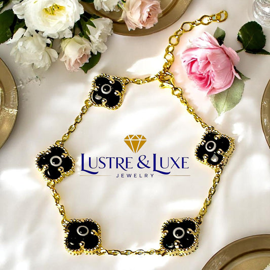 Clover Bracelet - Solid 925 Sterling Silver, 14K Vermeil Gold Plated, Evil Eye, Double Side Handcrafted Unique Glass Artwork , Adjustable Link, Comes in a Beautiful Gift Box, Perfect for Birthdays, Anniversaries, Valentine’s Day, or Mother’s Day.