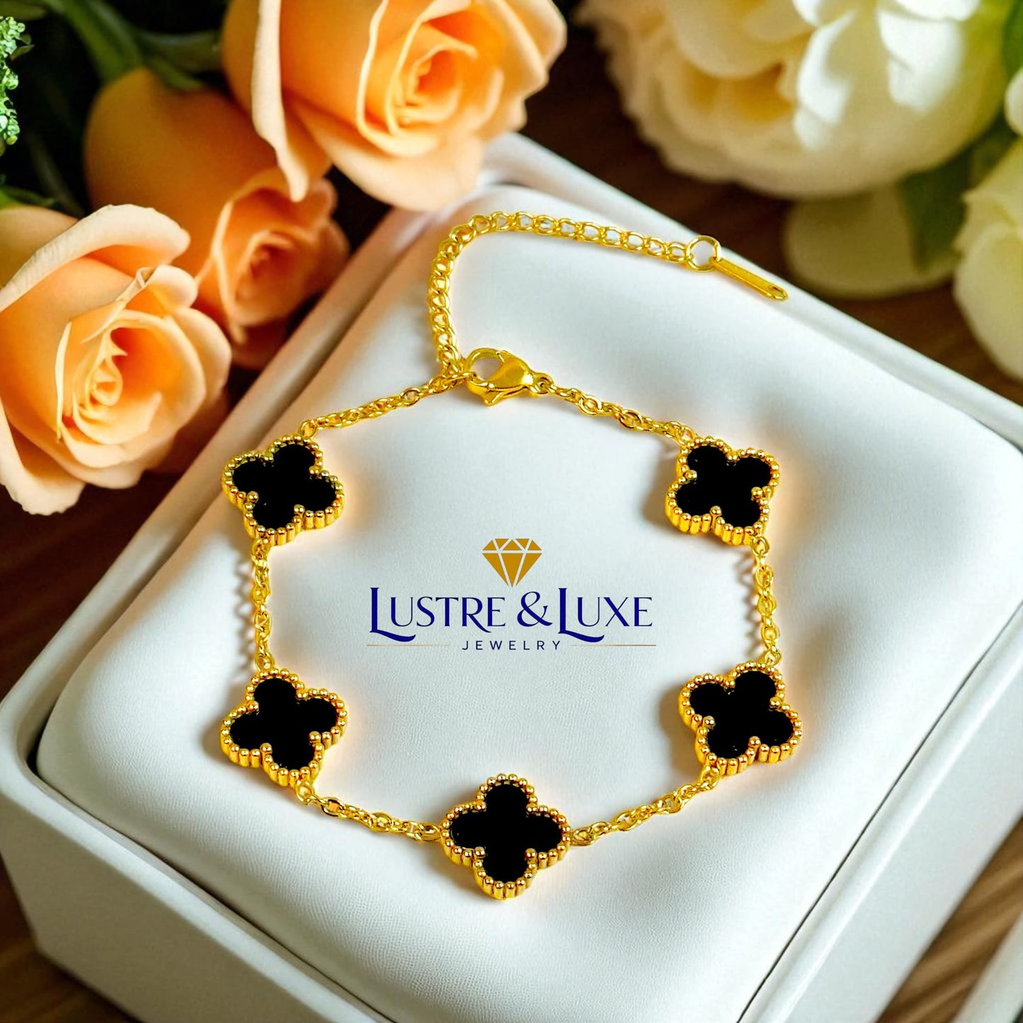 Four Leaf Clover Bracelet for Women – 18K Gold Plated 316L Stainless Steel, Double-Sided Mother of Pearl, Adjustable Lucky Charm Link Bracelet, Elegant Jewelry Gift for Her, Comes with gift Box.