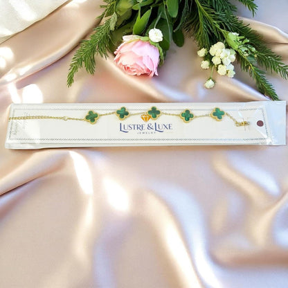 Four Leaf Lucky Clover Bracelet for Women, 18K Gold Plated Stainless Steel, Double Side Unique Mother Pearl Colors, Adjustable Link, Free Valentines Gift Box, Great Gift For Her.