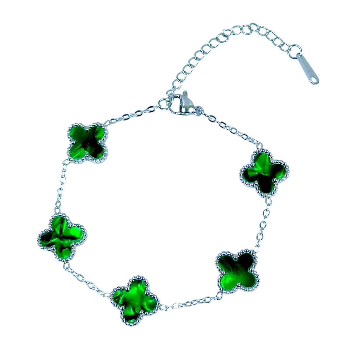 Four Leaf Clover Bracelet for Women – White Gold Plated 316L Stainless Steel, Double-Sided Mother of Pearl, Adjustable Lucky Charm Link Bracelet, Elegant Jewelry Gift for Her, Comes with gift Box.