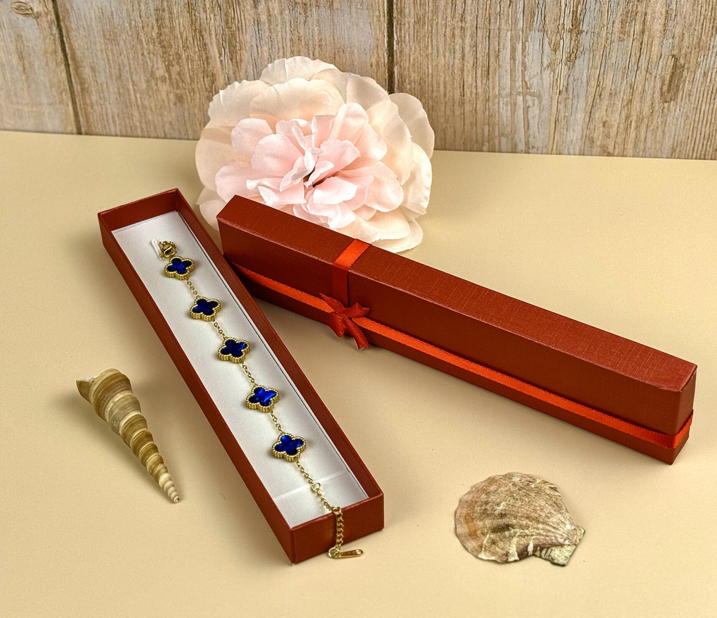 Four Leaf Lucky Clover Bracelet for Women, 18K Gold Plated Stainless Steel, Double Side Unique Mother Pearl Colors, Adjustable Link, Free Valentines Gift Box, Great Gift For Her.