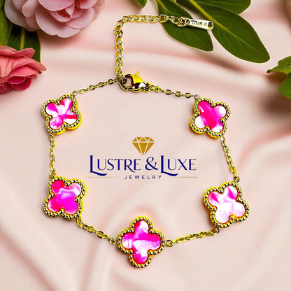 Four Leaf Lucky Clover Bracelet for Women, 18K Gold Plated Stainless Steel, Double Side Unique Mother Pearl Colors, Adjustable Link, Free Valentines Gift Box, Great Gift For Her.