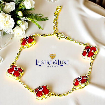 Clover Bracelet - Solid 925 Sterling Silver, 14K Vermeil Gold Plated, Evil Eye, Double Side Handcrafted Unique Glass Artwork , Adjustable Link, Comes in a Beautiful Gift Box, Perfect for Birthdays, Anniversaries, Valentine’s Day, or Mother’s Day.