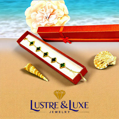 Four Leaf Lucky Clover Bracelet for Women, 18K Gold Plated Stainless Steel, Double Side Unique Mother Pearl Colors, Adjustable Link, Free Valentines Gift Box, Great Gift For Her.