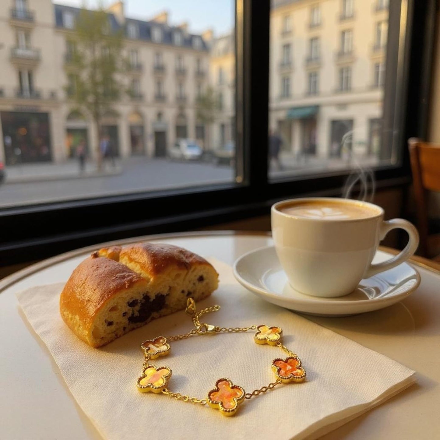 Four Leaf Lucky Clover Bracelet for Women, 18K Gold Plated Stainless Steel, Double Side Unique Mother Pearl Colors, Adjustable Link, Free Valentines Gift Box, Great Gift For Her.