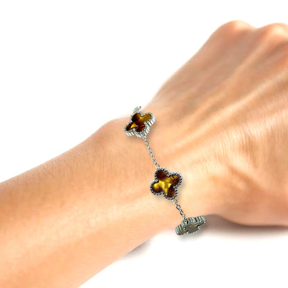 Four Leaf Clover Bracelet for Women – White Gold Plated 316L Stainless Steel, Double-Sided Mother of Pearl, Adjustable Lucky Charm Link Bracelet, Elegant Jewelry Gift for Her, Comes with gift Box.