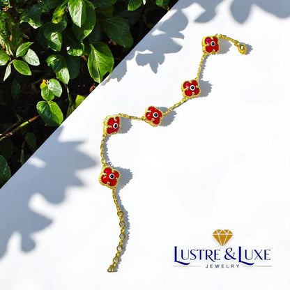 Clover Bracelet - Solid 925 Sterling Silver, 14K Vermeil Gold Plated, Evil Eye, Double Side Handcrafted Unique Glass Artwork , Adjustable Link, Comes in a Beautiful Gift Box, Perfect for Birthdays, Anniversaries, Valentine’s Day, or Mother’s Day.