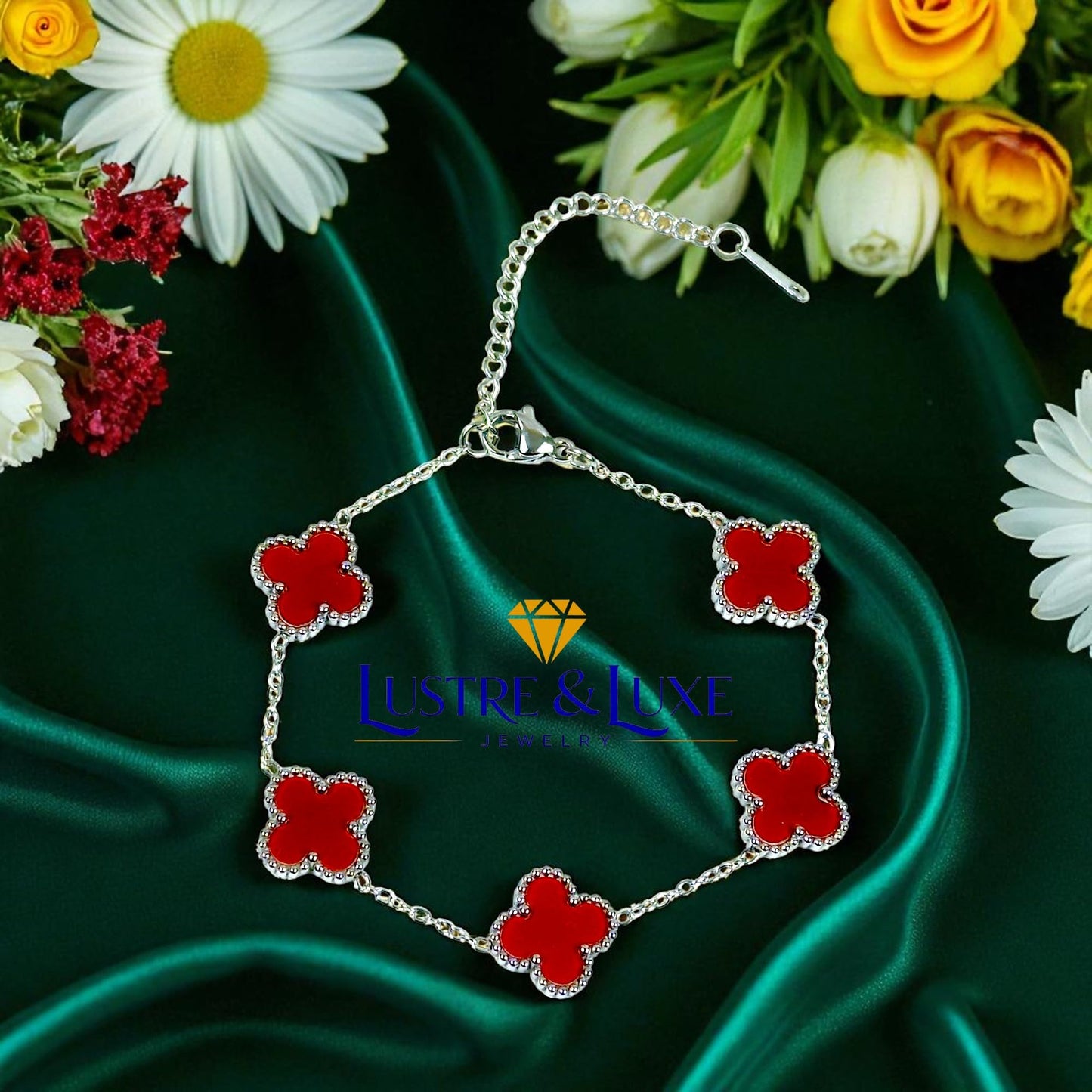 Four Leaf Clover Bracelet for Women – White Gold Plated 316L Stainless Steel, Double-Sided Mother of Pearl, Adjustable Lucky Charm Link Bracelet, Elegant Jewelry Gift for Her, Comes with gift Box.