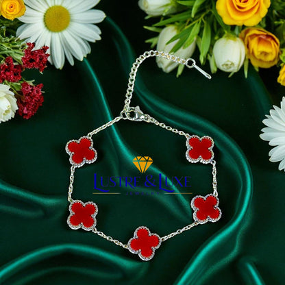 Four Leaf Clover Bracelet for Women – White Gold Plated 316L Stainless Steel, Double-Sided Mother of Pearl, Adjustable Lucky Charm Link Bracelet, Elegant Jewelry Gift for Her, Comes with gift Box.