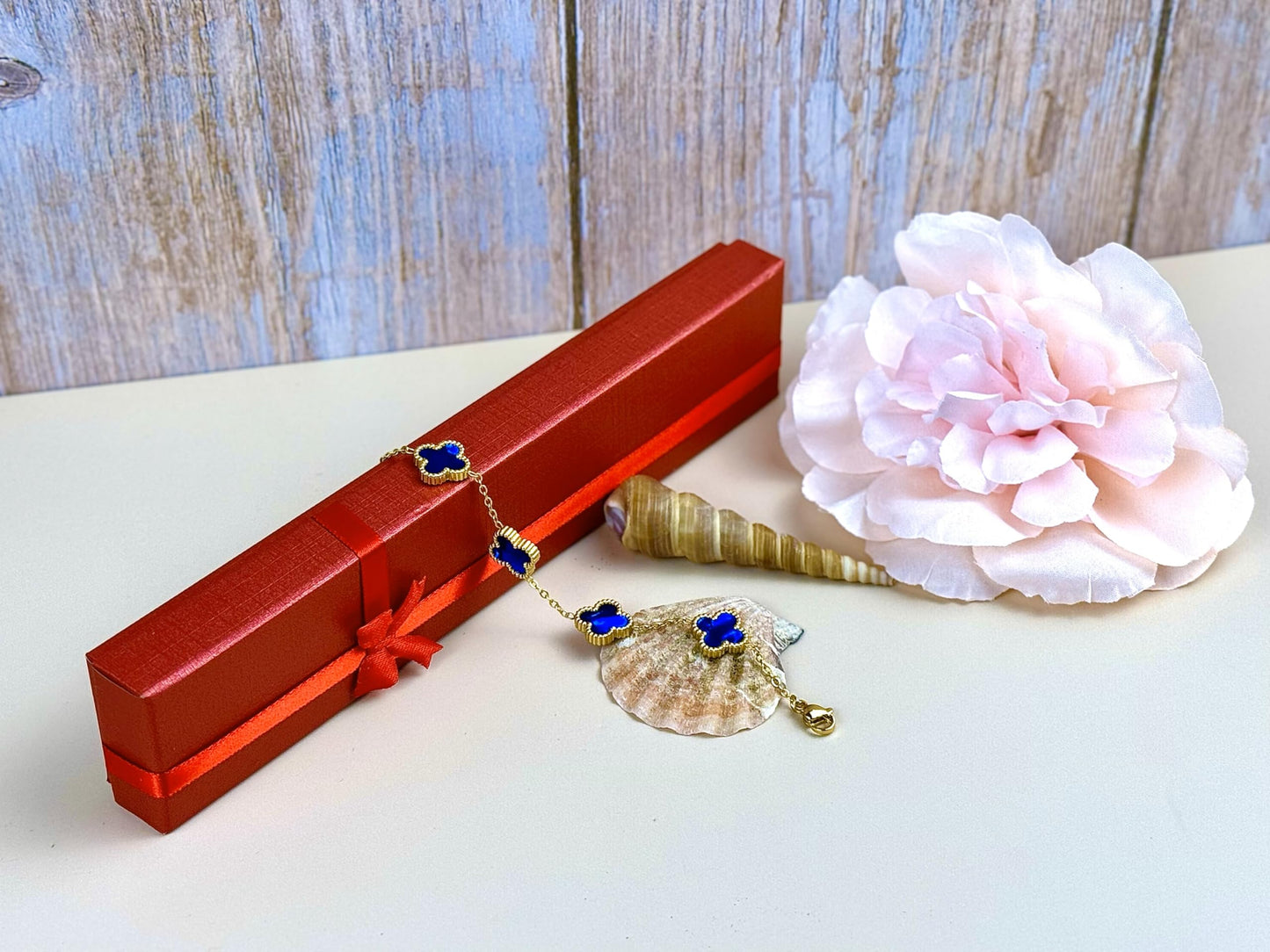 Four Leaf Lucky Clover Bracelet for Women, 18K Gold Plated Stainless Steel, Double Side Unique Mother Pearl Colors, Adjustable Link, Free Valentines Gift Box, Great Gift For Her.