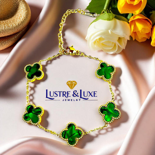 Four Leaf Lucky Clover Bracelet for Women, 18K Gold Plated Stainless Steel, Double Side Unique Mother Pearl Colors, Adjustable Link, Free Valentines Gift Box, Great Gift For Her.