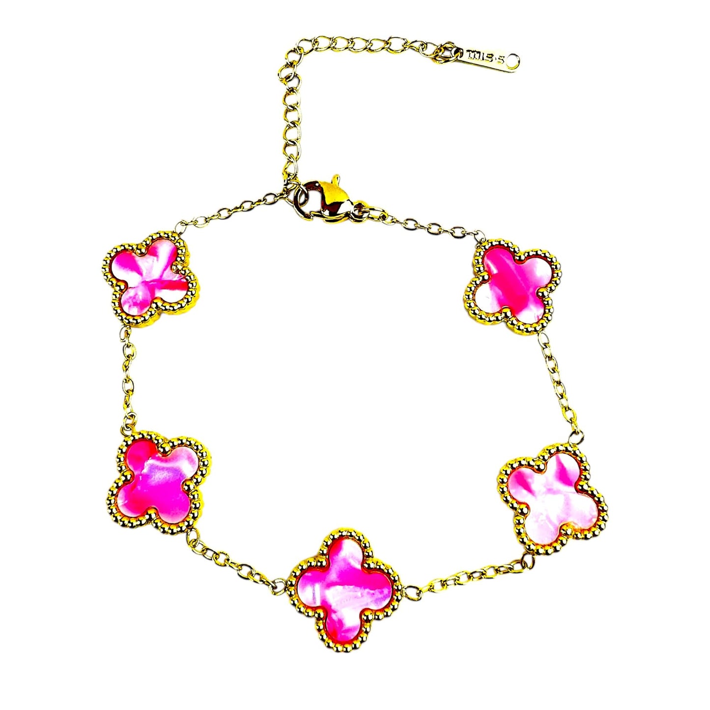 Four Leaf Lucky Clover Bracelet for Women, 18K Gold Plated Stainless Steel, Double Side Unique Mother Pearl Colors, Adjustable Link, Free Valentines Gift Box, Great Gift For Her.