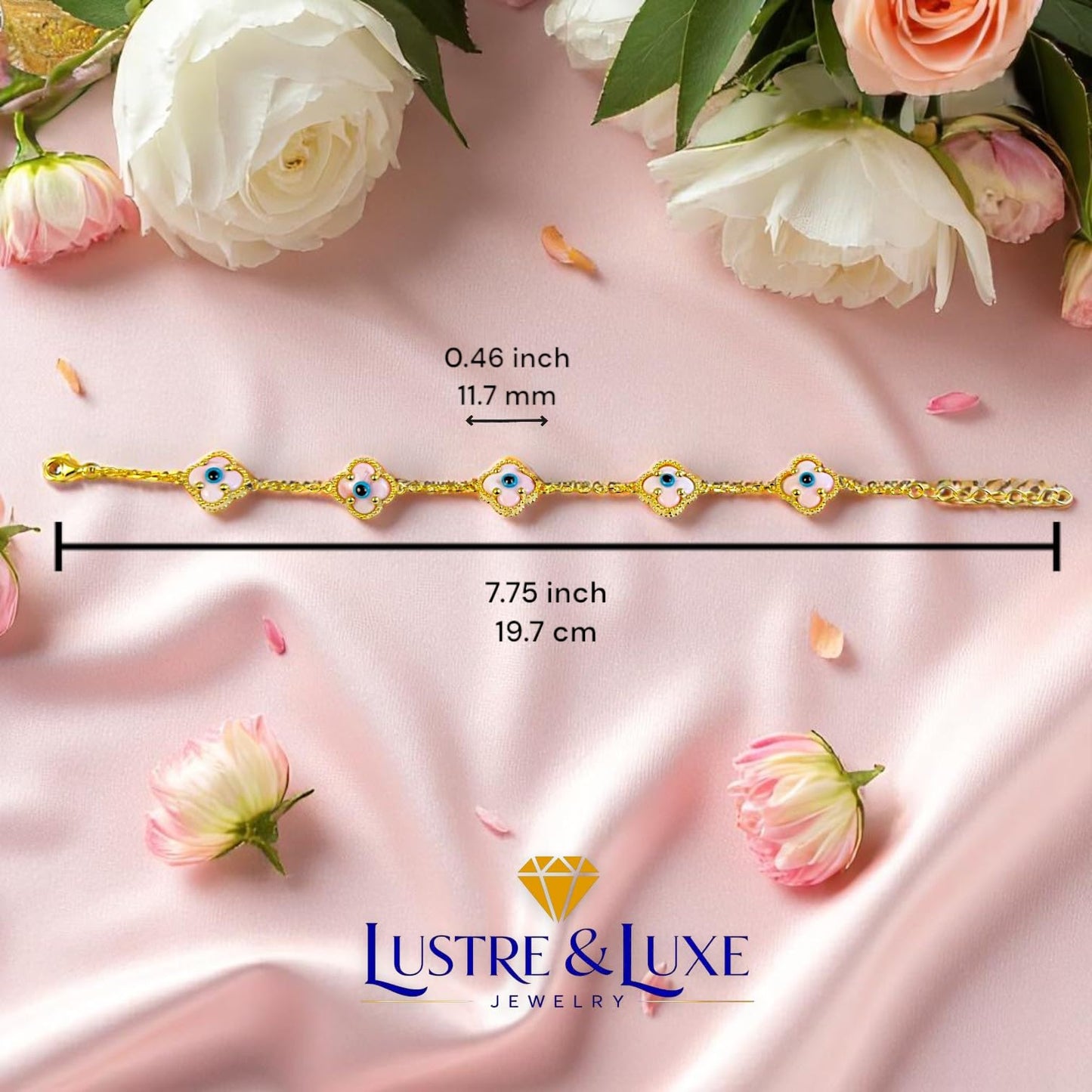 Clover Bracelet - Solid 925 Sterling Silver, 14K Vermeil Gold Plated, Evil Eye, Double Side Handcrafted Unique Glass Artwork , Adjustable Link, Comes in a Beautiful Gift Box, Perfect for Birthdays, Anniversaries, Valentine’s Day, or Mother’s Day.